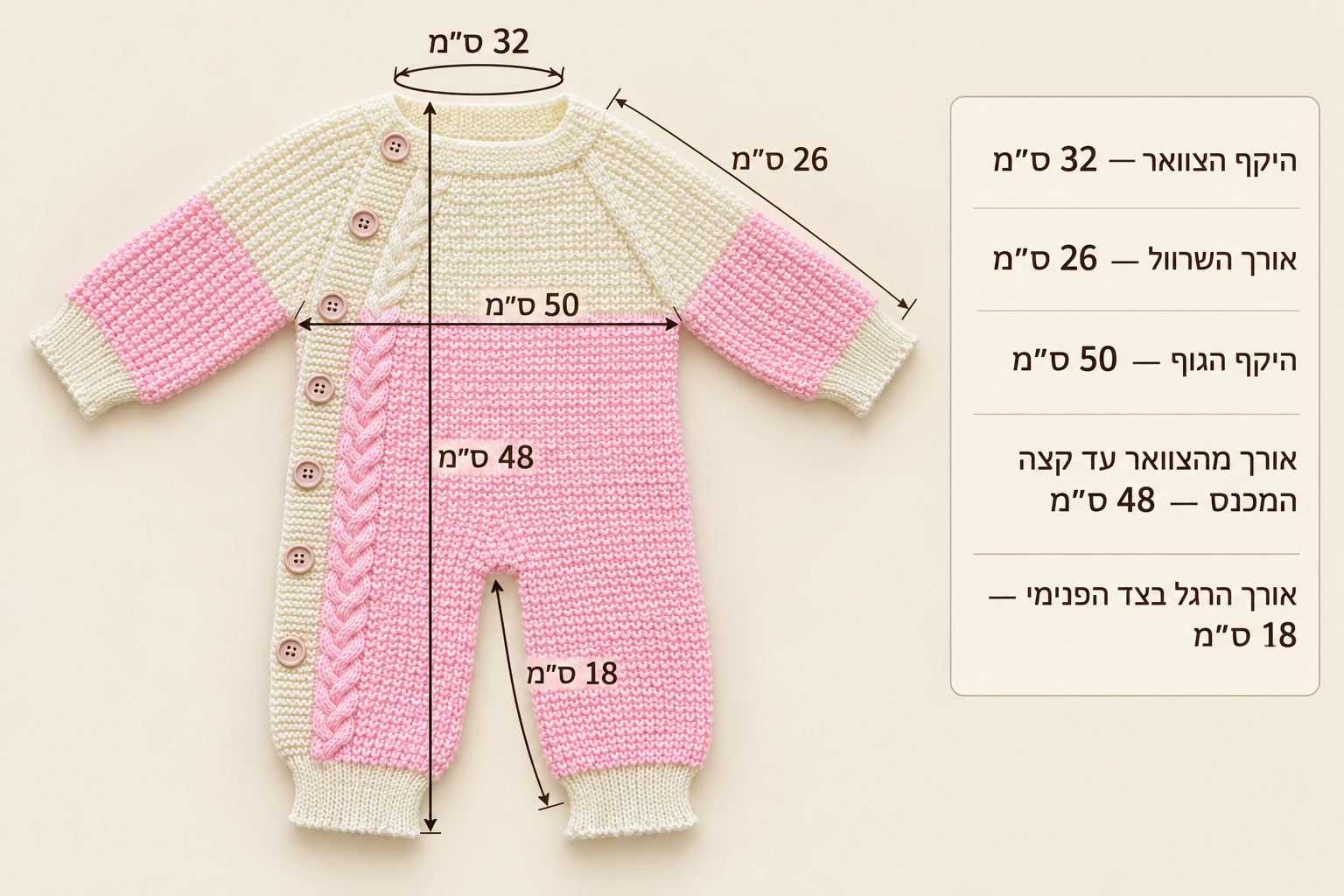 אוברול לתינוק בשני צבעים — טבלת מידות
